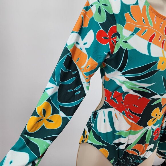 Vince Camuto Size 12 Tropical Floral Long Sleeve Cutout One Piece Swimsuit New - Picture 7 of 11